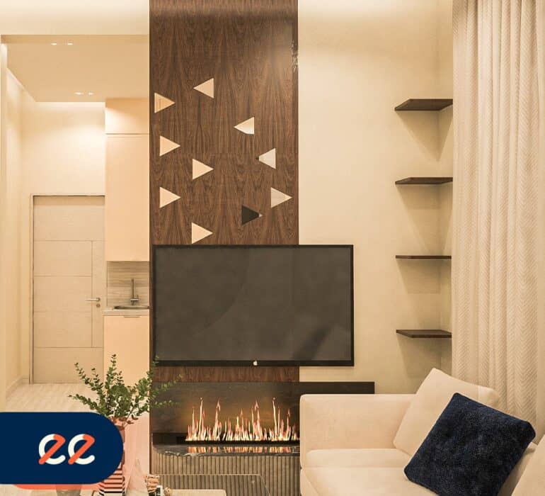 تصميم داخلي عصري لمنزل فاخر مع ديكور مريح وأنيق للمساحات المعيشية. الألوان الدافئة والأثاث العصري تخلق أجواء هادئة وجذابة.